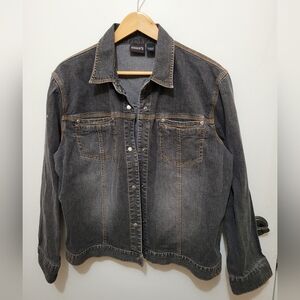 Chico's Charcoal Denim Jacket - Size 2 with Snap Closures & Chest Pockets